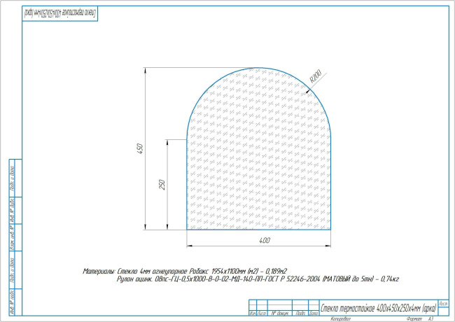 Стекло термостойкое 400х450х250х4мм (арка)